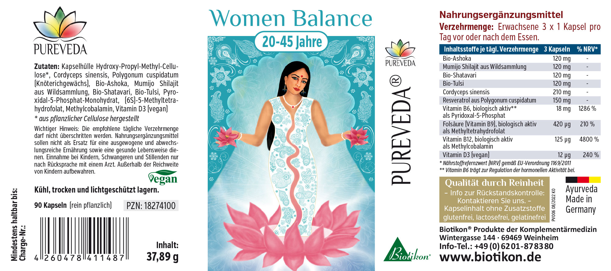 Mujeres Balance – 90 Cápsulas Suplemento alimenticio en un envase de 90 cápsulas, con ilustración en color y lista de ingredientes detallada.