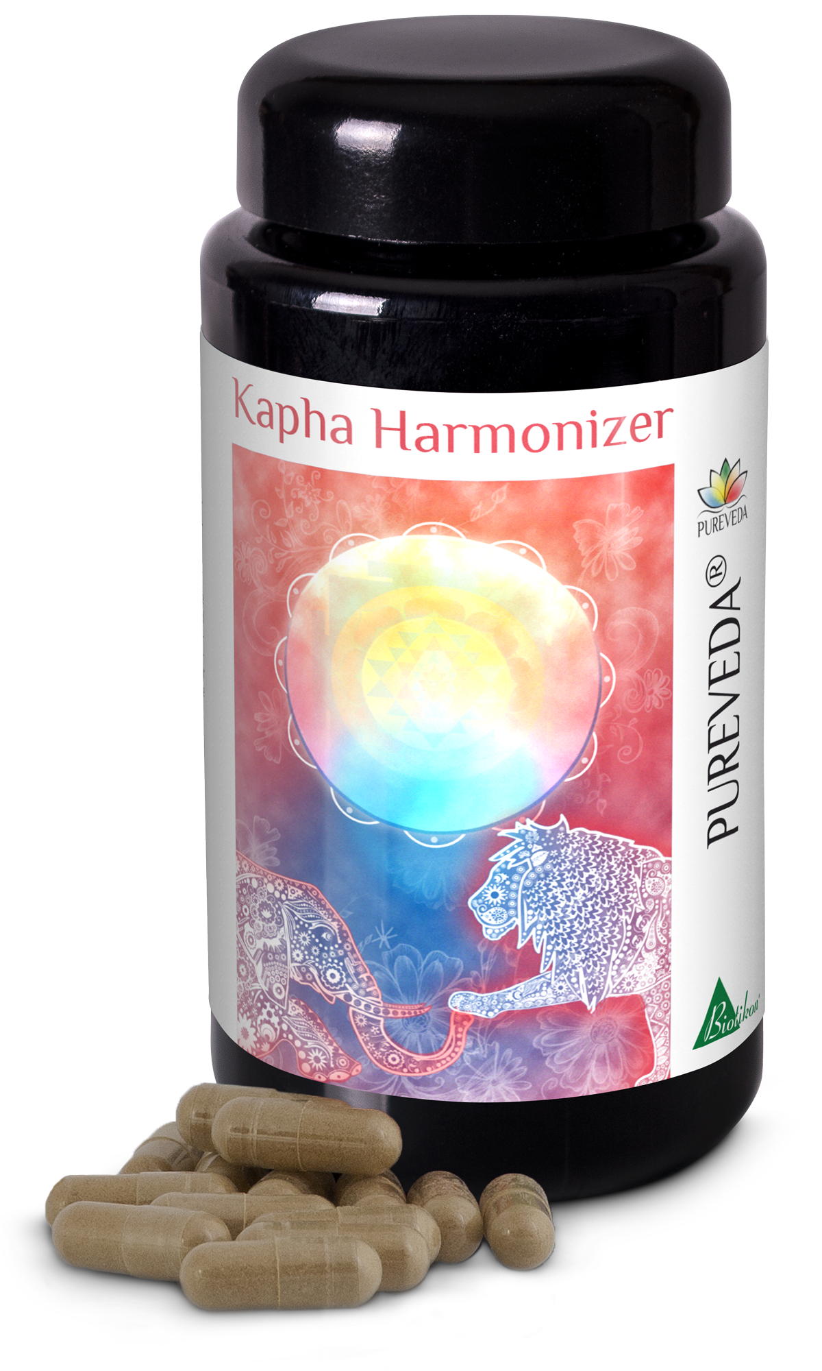 Harmonizador Kapha – Cápsulas Cápsulas Harmonizador Kapha en botella negra, cápsulas beige y etiqueta colorida.