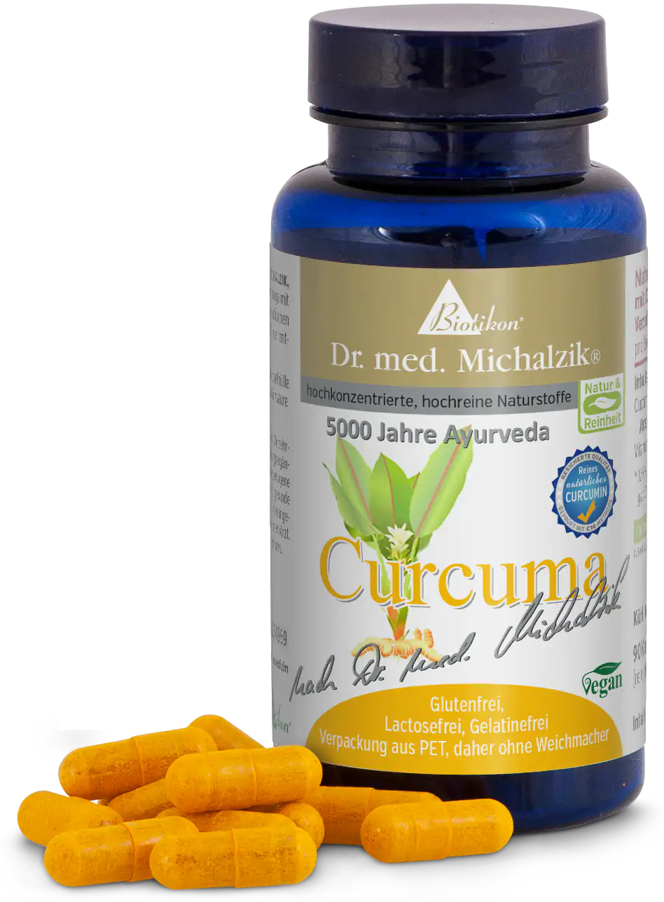 Cúrcuma 500 mg - Cápsulas Veganas Suplemento vegano de cúrcuma en frasco azul, 90 cápsulas amarillas, con cápsulas individuales al lado.