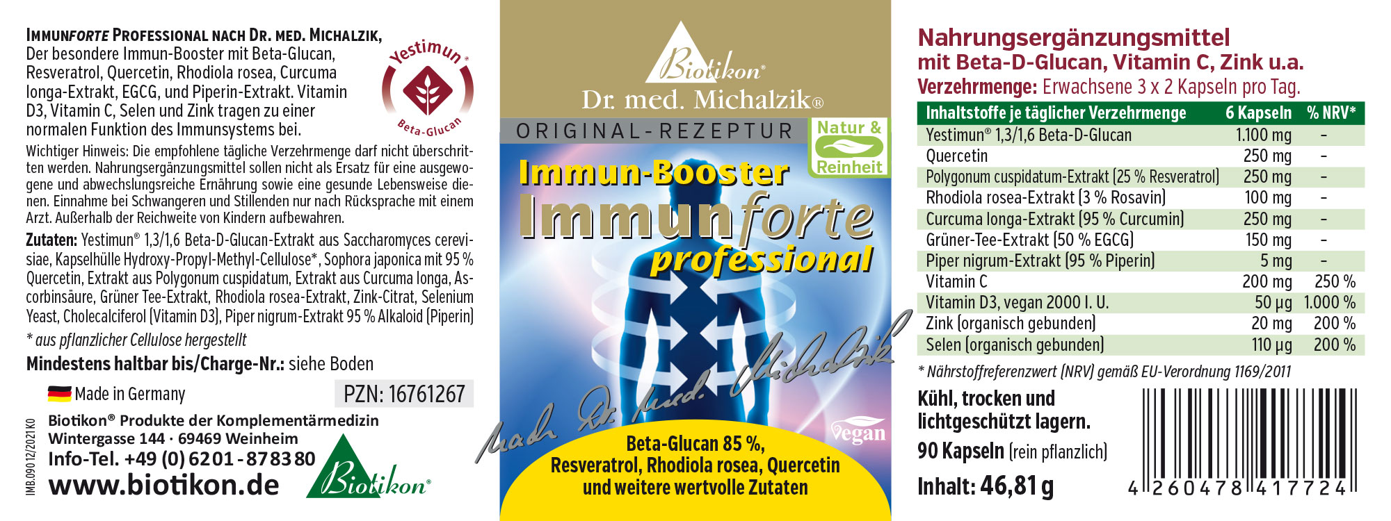 Inmunforce Profesional – 90 Cápsulas Suplemento alimenticio Inmunboost con beta-glucano y vitaminas, en paquete de 90 cápsulas, vegano y a base de plantas.