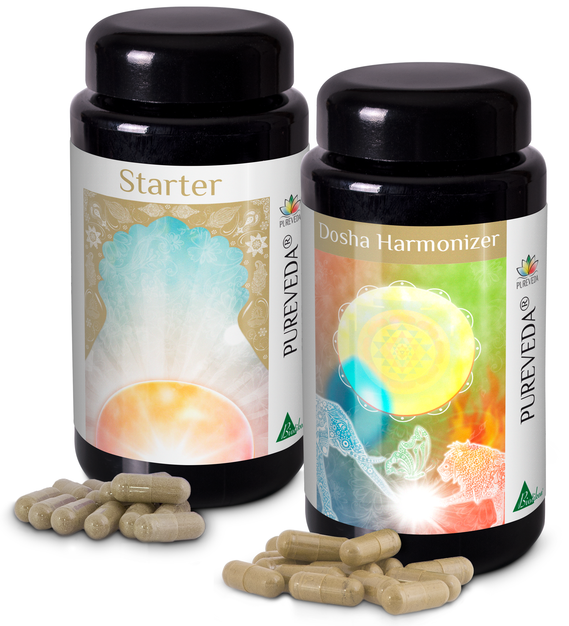 Suplemento de hierbas - Cápsulas Dos botellas de cápsulas: Starter y Harmonizador Dosha, en envases negros, con varias cápsulas al frente.