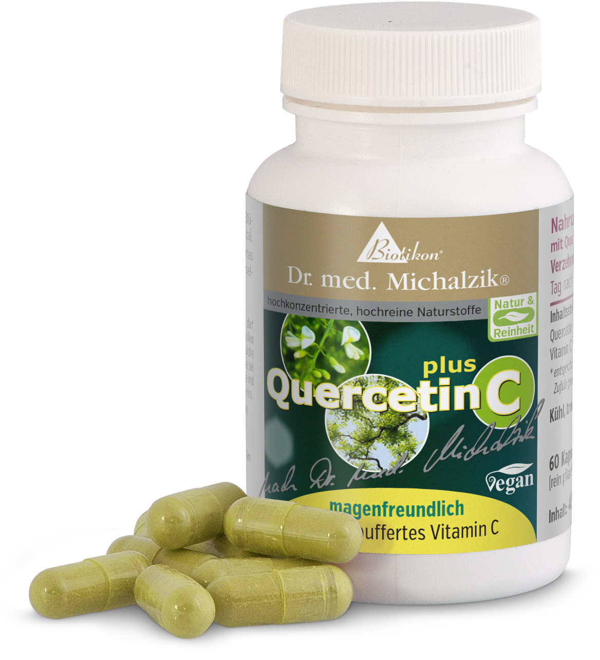 Quercetina C 300 mg – Cápsulas Cápsulas de quercetina C, 60 unidades en botella blanca, cápsulas verdes, veganas.