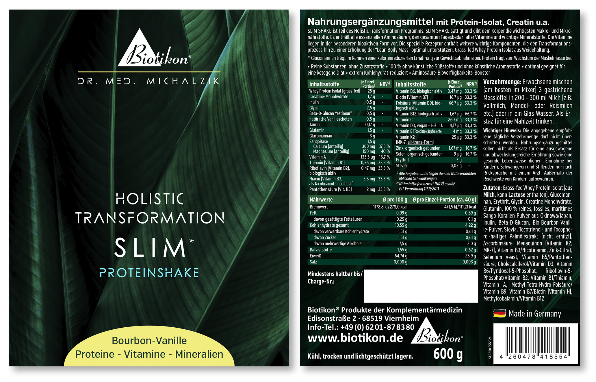 Polvo de proteína Slim Shake sabor Bourbon-Vainilla, envase de 600 g, con tabla nutricional en empaque verde.