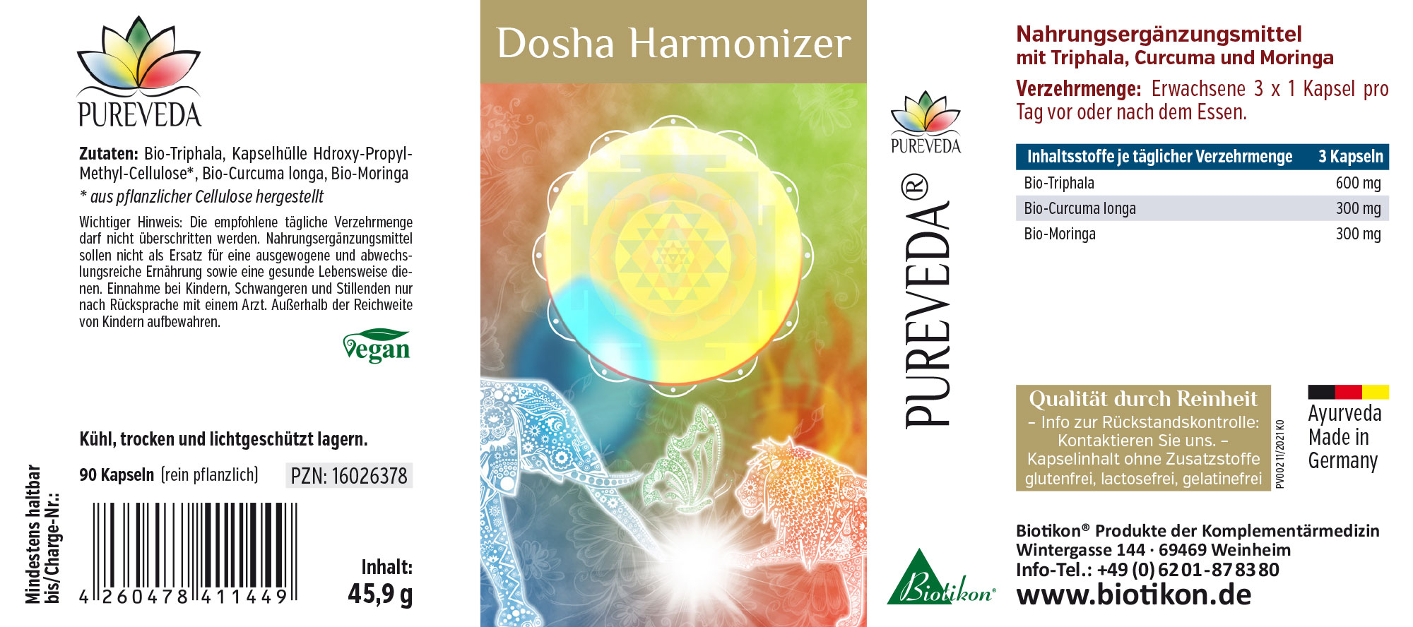 Suplemento alimenticio con Bio-Triphala, Cúrcuma y Moringa, 90 cápsulas vegetales en un envase colorido.