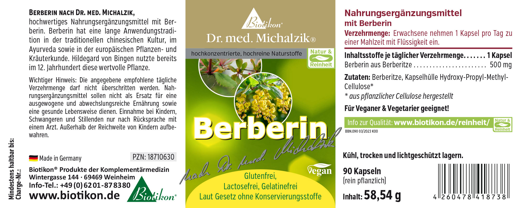 Berberina 500 mg – Cápsulas 90 cápsulas de berberina de agracejo, veganas, en envase amarillo.