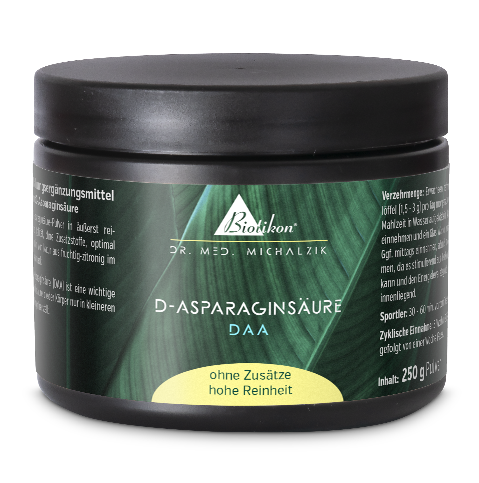 Polvo de D-Aspartato en envase negro, 250 g, vista lateral, alta pureza, sin aditivos.