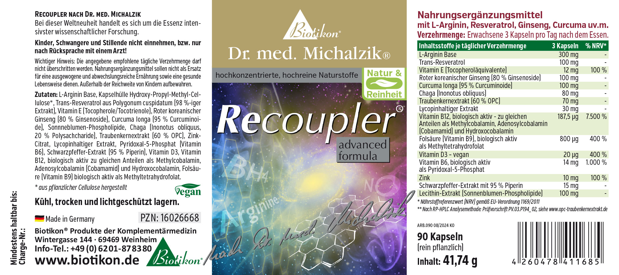 Recoupler 90 Cápsulas - Suplemento Alimenticio 90 cápsulas transparentes en un empaque verde, con ingredientes como L-Arginina y Resveratrol.