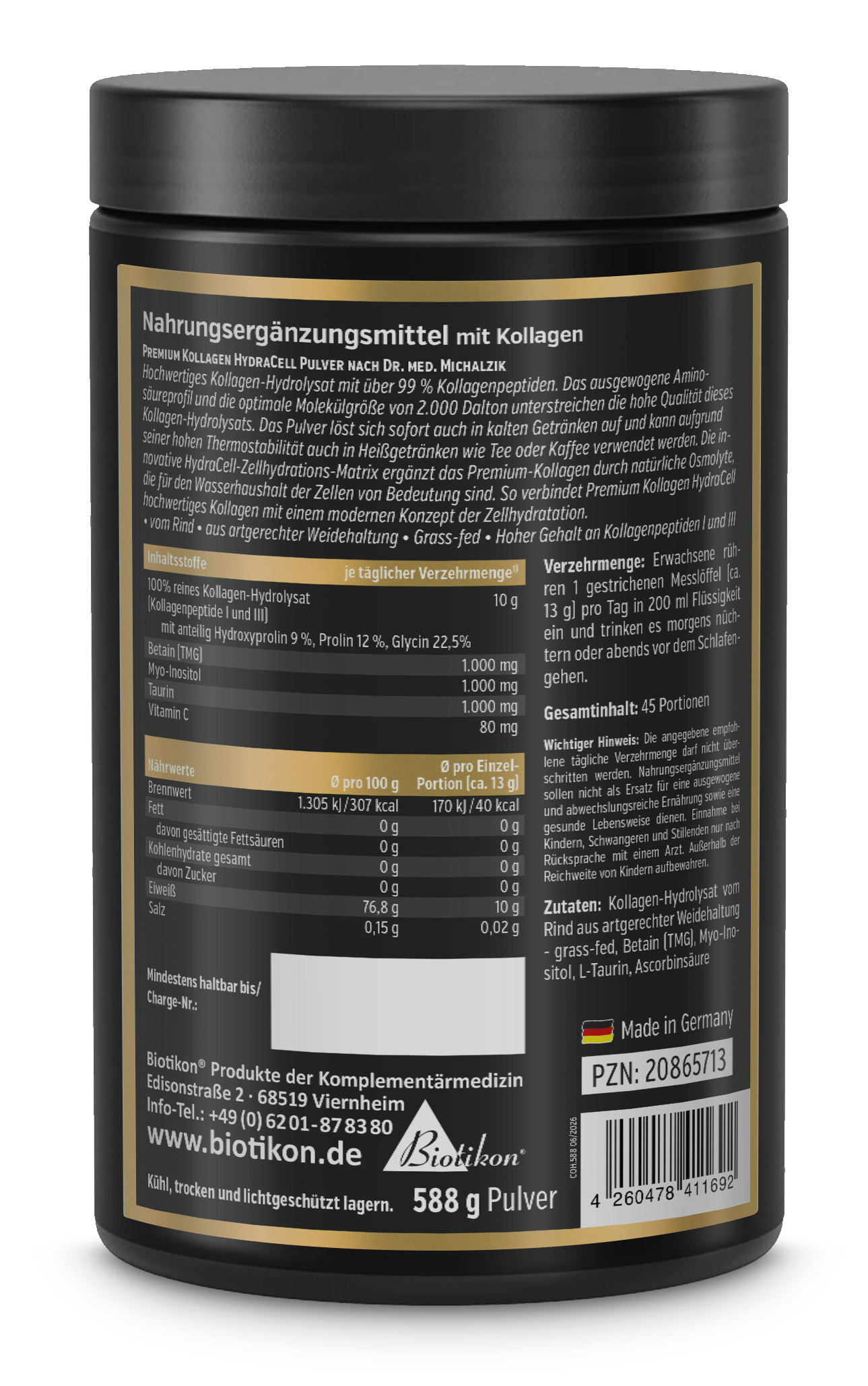 Colágeno Premium HydraCell Hidrolizado en Polvo Lata Parte posterior
