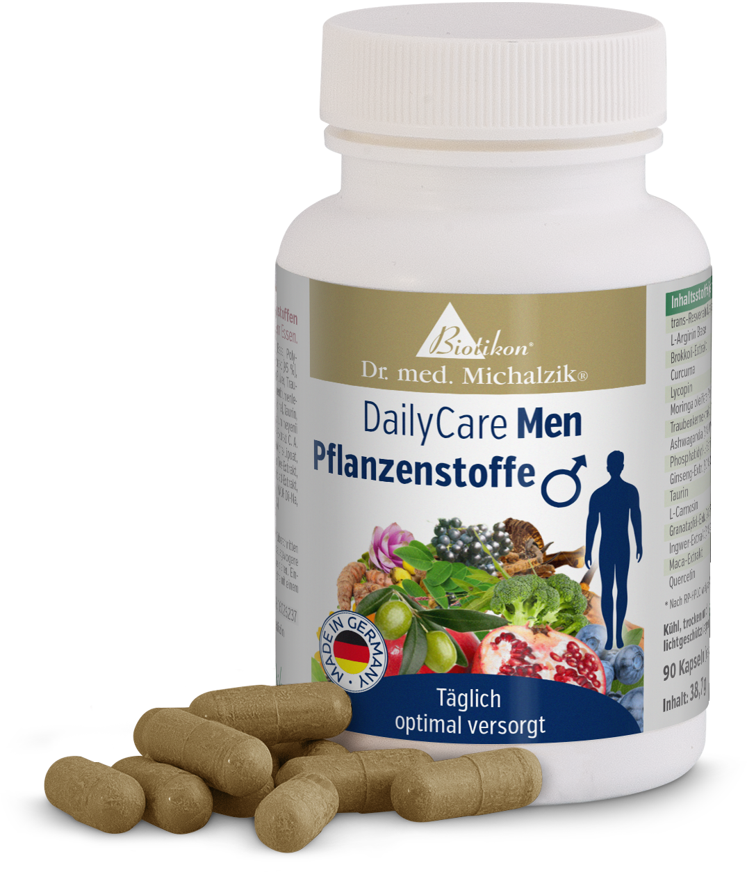 Cápsulas de extractos vegetales – DailyCare Men Botella con 90 cápsulas vegetales en beige, DailyCare Men para hombres, mostrada de frente