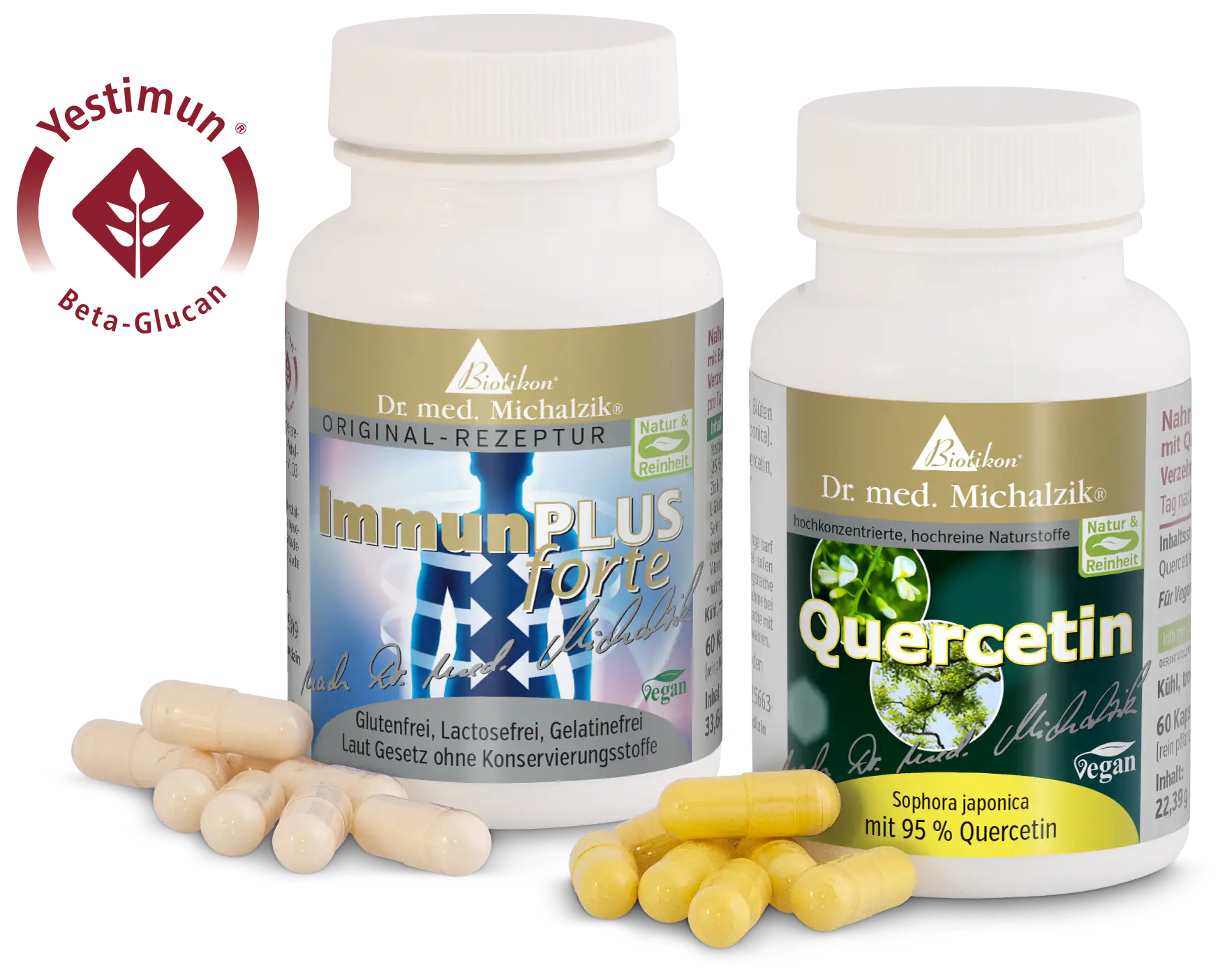ImmunPLUS forte – Cápsulas, Quercetina – 60 Cápsulas Dos botellas de suplementos: ImmunPLUS forte y Quercetina, cápsulas en amarillo y beige, con 60 cápsulas cada una.