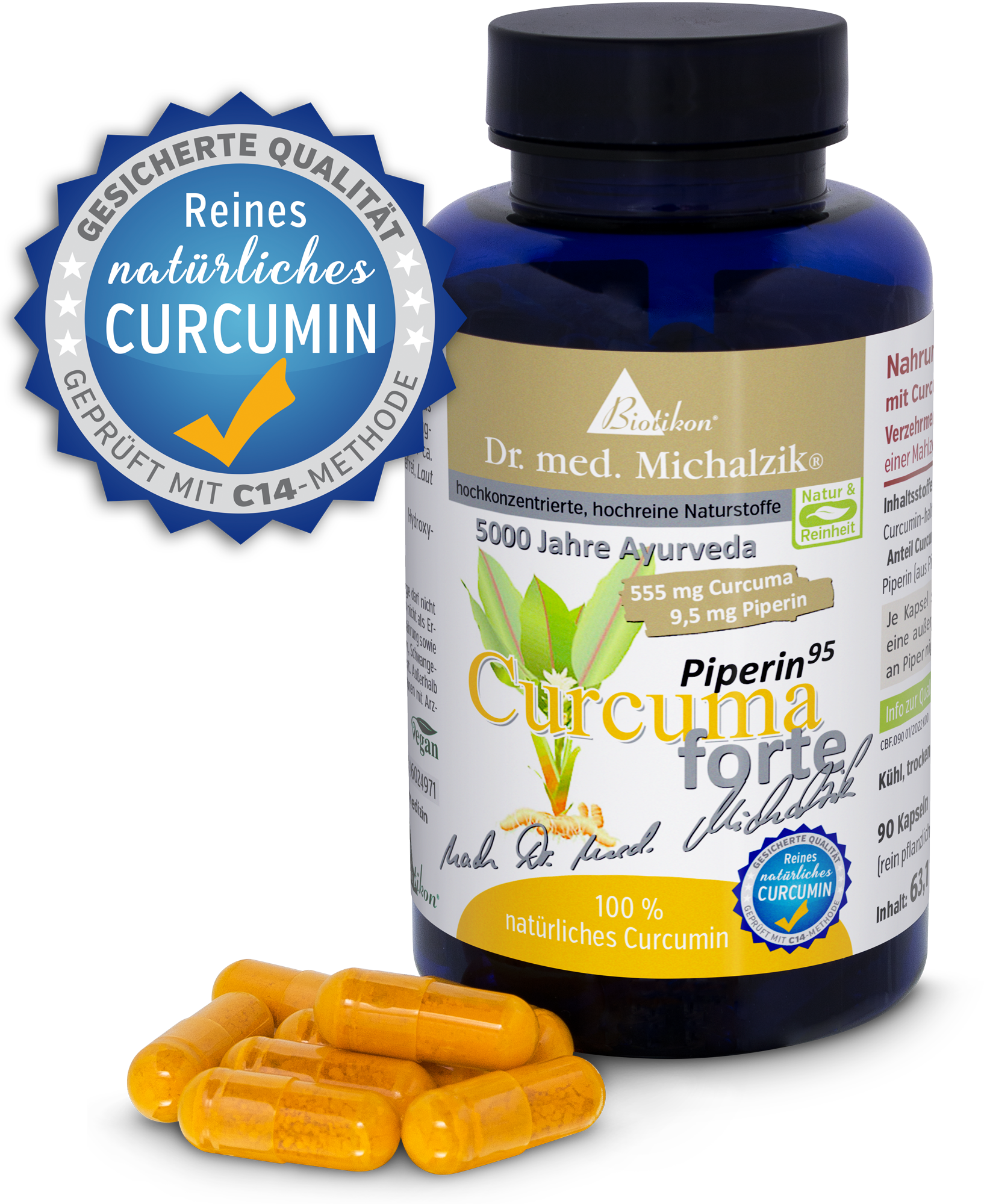 Cúrcuma fuerte 555 mg - Cápsulas Botella con cápsulas de cúrcuma, 90 unidades, cápsulas amarillas, algunas cápsulas en primer plano.