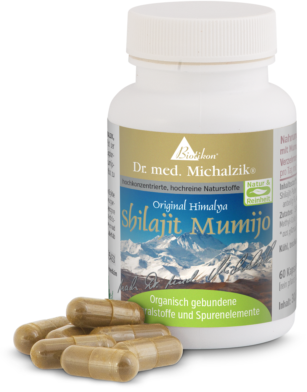 Shilajit Mumijo – 60 Cápsulas Cápsulas de Shilajit Mumijo, 60 unidades, envase blanco, cápsulas marrones, vista frontal.