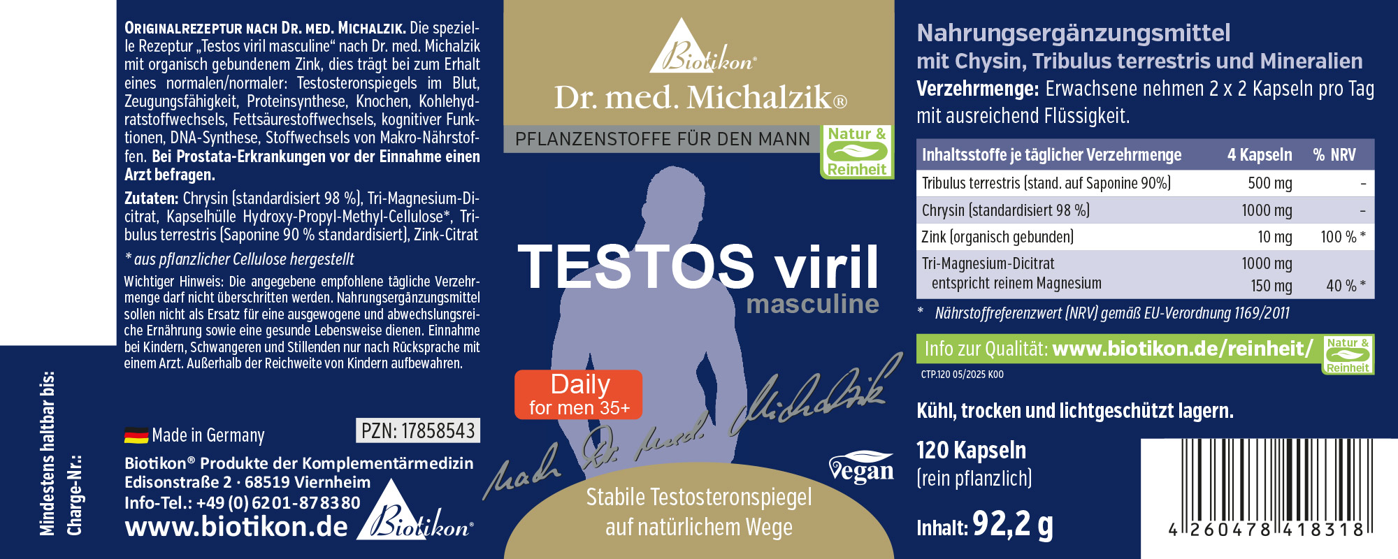 Suplemento dietético en empaque azul, 120 cápsulas veganas, estabiliza los niveles de testosterona.