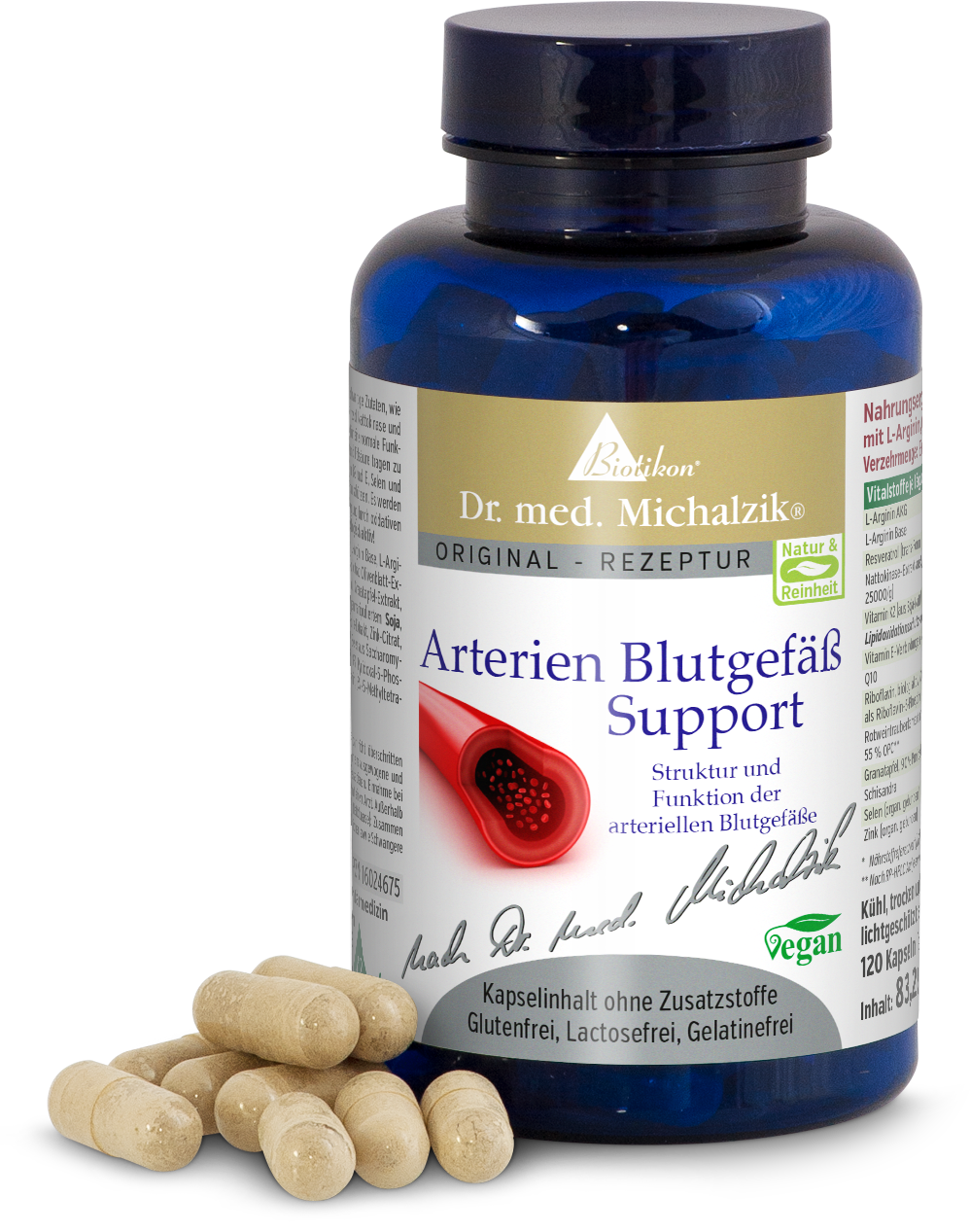 Cápsulas transparentes en botella azul, 120 unidades, descripción del producto visible.