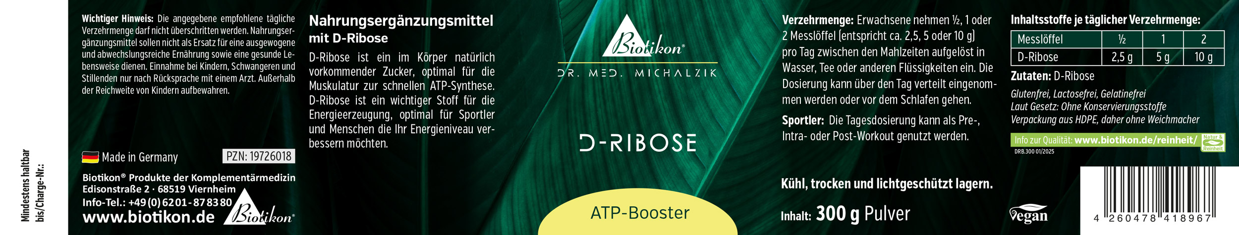 D-Ribosa 300 g - Polvo Suplemento dietético D-Ribosa en forma de polvo de 300 g, envase verde oscuro, vista lateral.