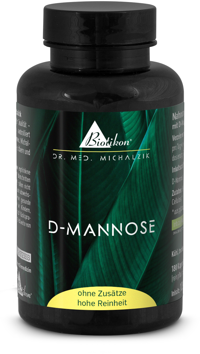 D-Mannosa 180 cápsulas – sin aditivos Suplemento de D-Mannosa en botella negra, 180 cápsulas, con diseño de hojas verdes.