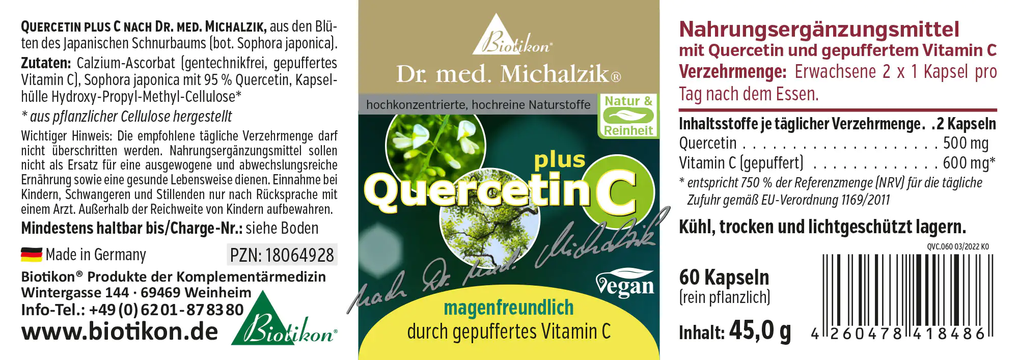 Quercetina C 500 mg – 60 Cápsulas Suplemento de Quercetina y C, 60 cápsulas en un envase verde, vegano y amigable con el estómago.