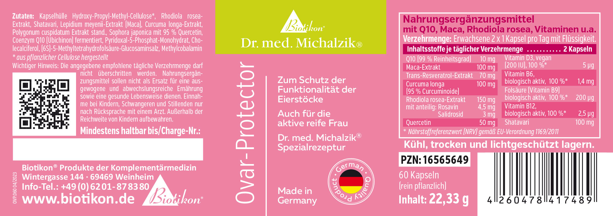 Suplemento alimenticio en empaque rosa, 60 cápsulas, para el soporte de los ovarios.