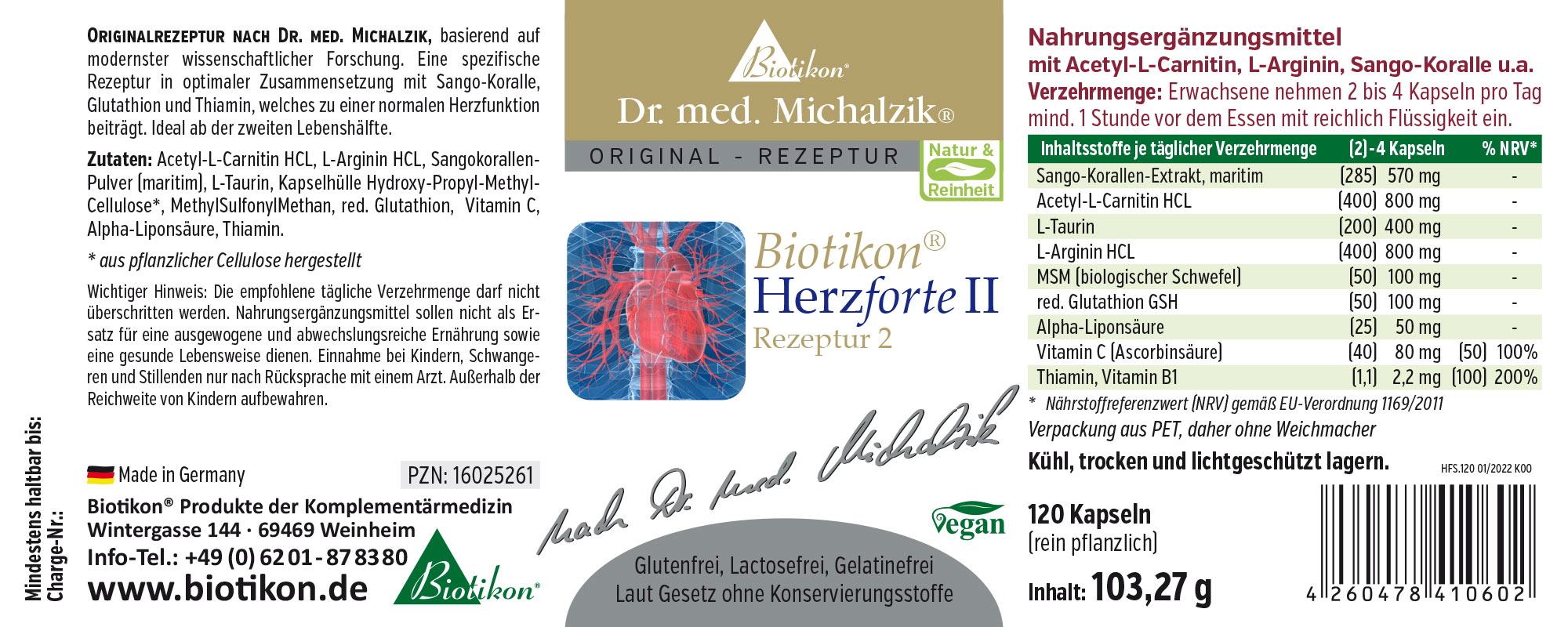 Suplemento dietético Corazón Forte II en envase PET, 120 cápsulas, vegano, fondo blanco.