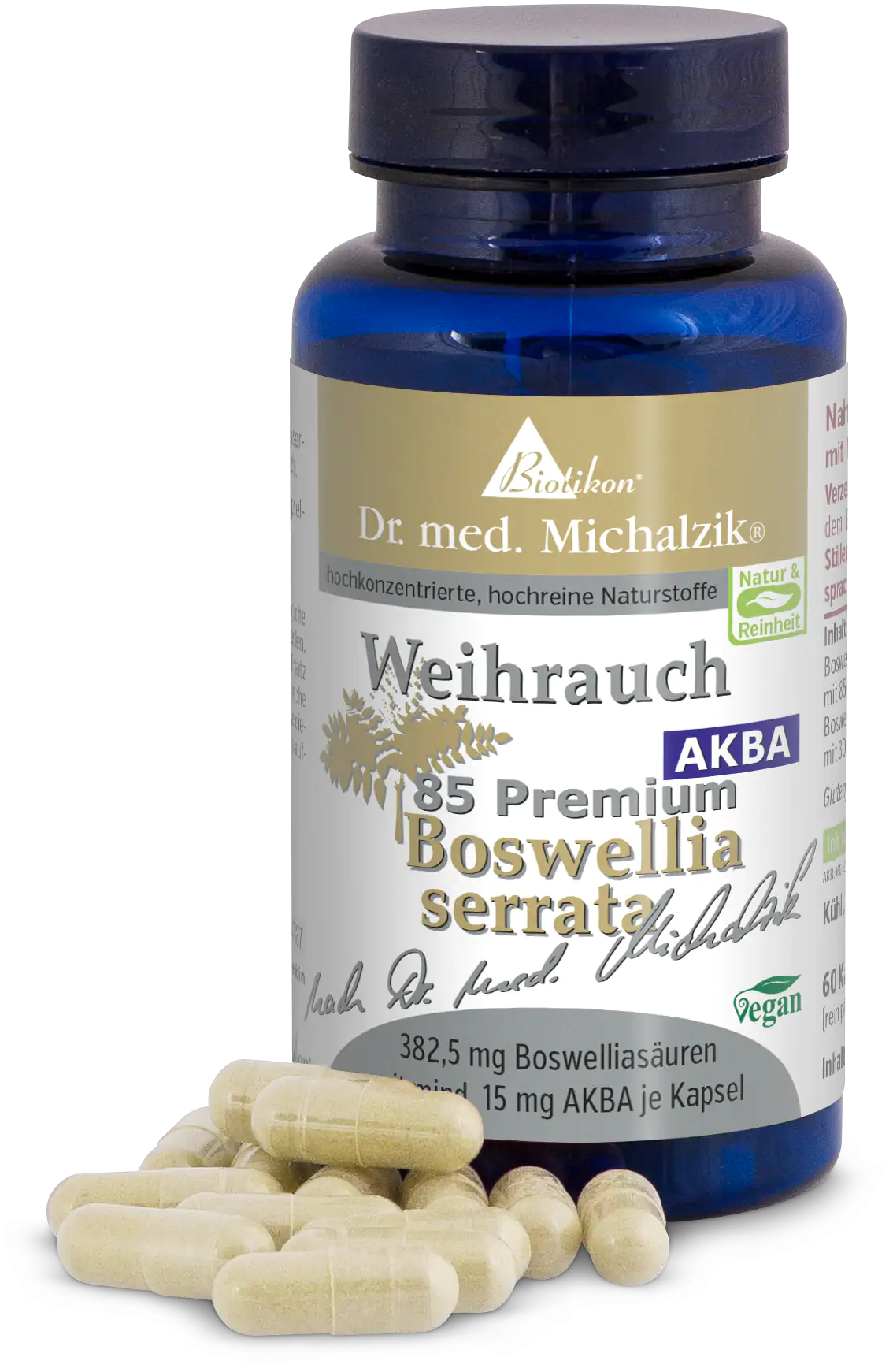 Weihrauch AKBA 85 – 60 Cápsulas Envase de plástico azul con 60 cápsulas, cada cápsula contiene 382,5 mg de ácidos boswéllicos.