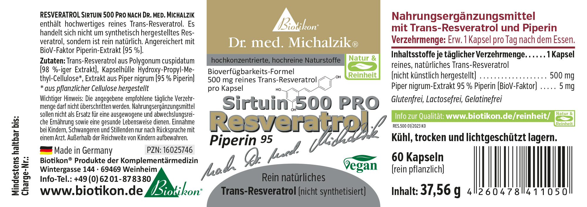 Resveratrol Sirtuína 500 mg – Cápsulas Suplemento en cápsulas, 60 unidades, con Trans-Resveratrol y Piperina, presentado en una caja resistente.