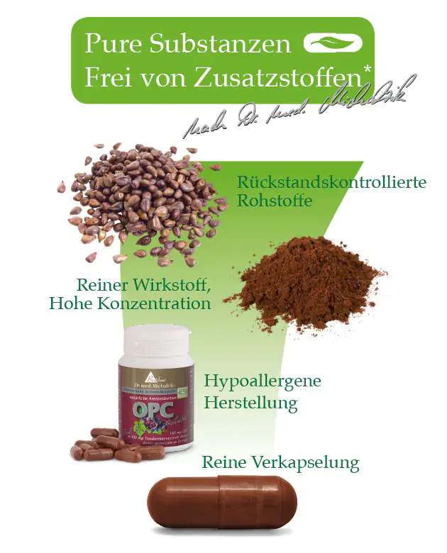 Suplemento OPC en cápsulas, 30 mg, envase marrón, vista del producto con cápsula y ingredientes.