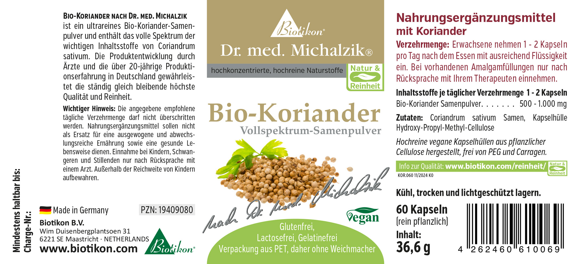 Cilantro Bio 500 mg – Polvo de semillas de espectro completo Polvo de semillas de cilantro en cápsulas, 60 unidades, empaque verde, vista del producto