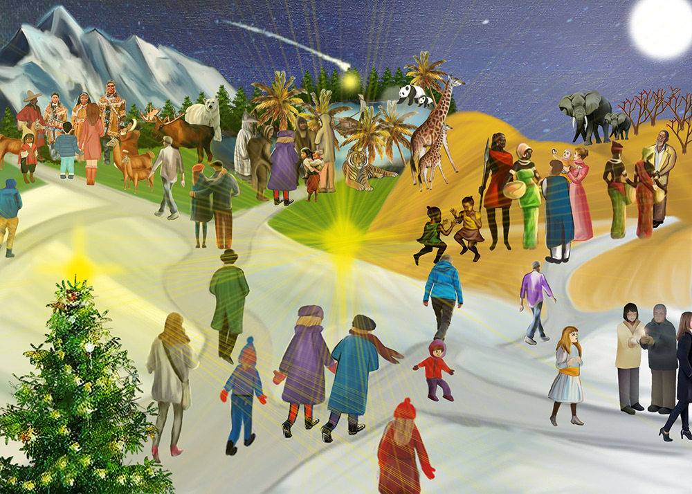 Paisaje invernal colorido – Escenas festivas Una imagen invernal con personas, animales y decoración de árbol de Navidad en primer plano. Varias actividades y un entorno colorido.