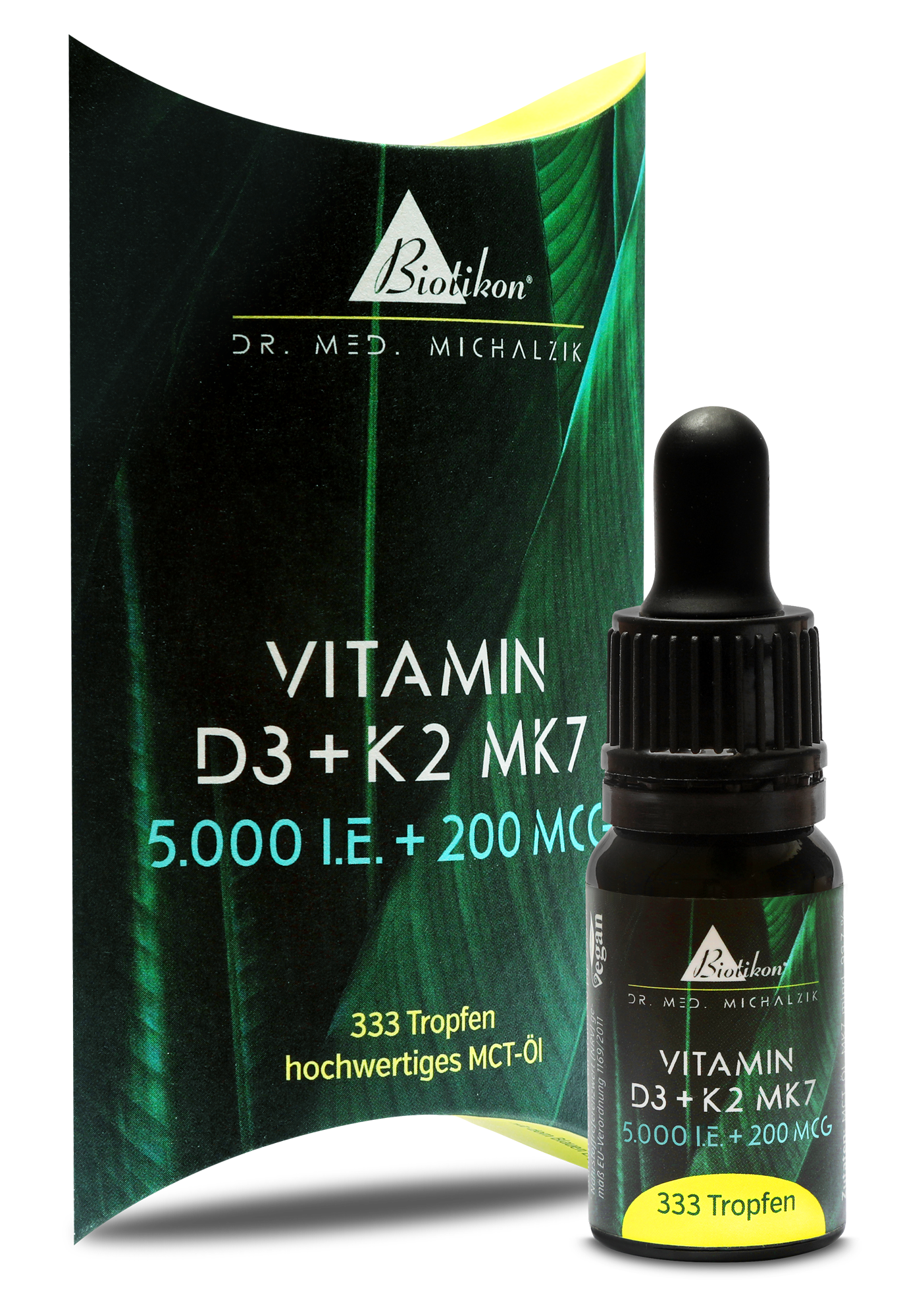 Vitamina D3 + K2 MK7 en botella oscura, 333 gotas, empaquetada en color verde y negro.