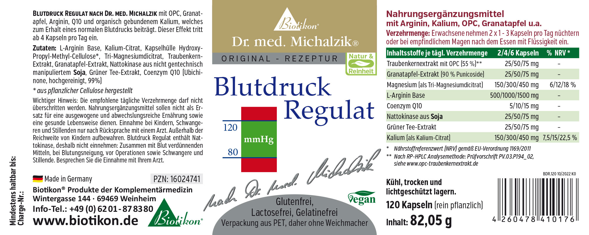 Regulador de Presión Arterial – 120 Cápsulas Suplemento alimenticio en envase PET, 120 cápsulas, texto verde sobre fondo azul, vegano y sin gluten.
