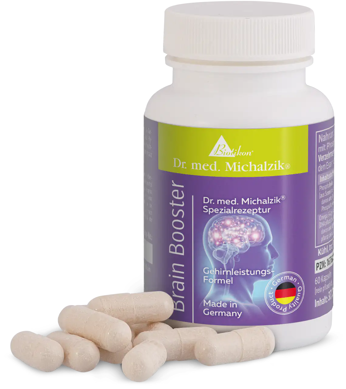 Brain Booster – 60 cápsulas Cápsulas Brain Booster, fórmula especial para apoyar el rendimiento cerebral, 60 cápsulas blancas en frasco.