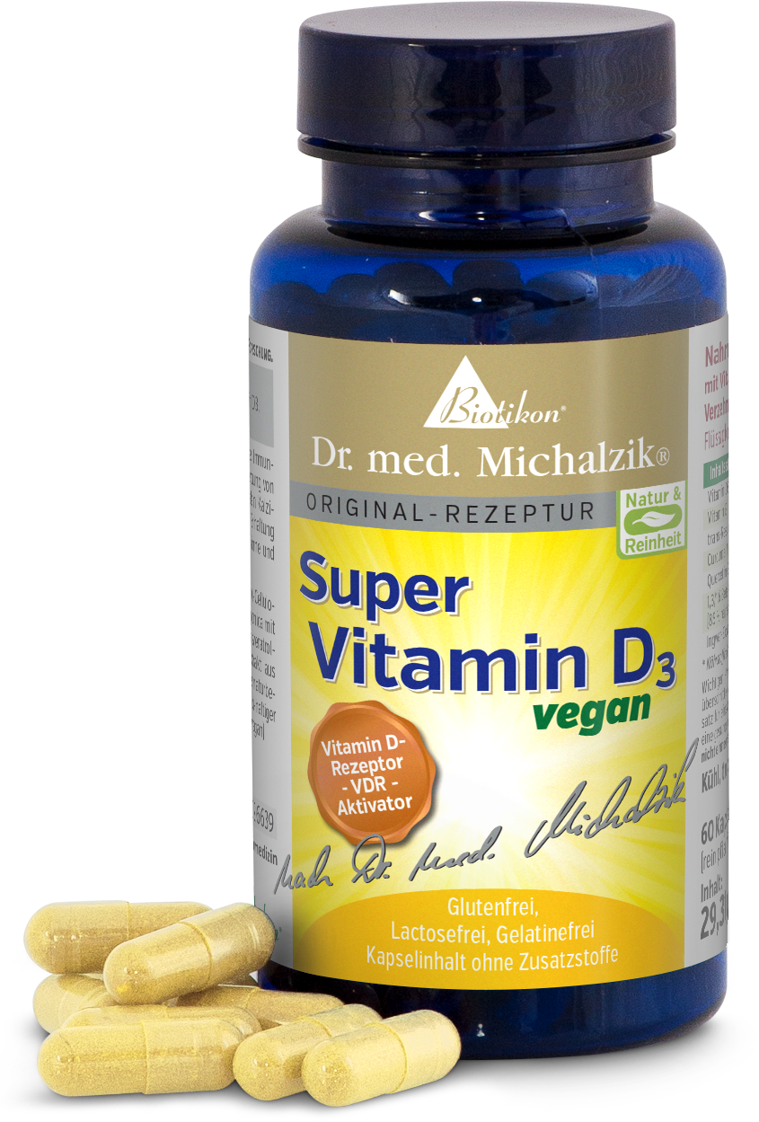 Vitamina D3 2000 IE – Cápsulas Botella con cápsulas de vitamina D3, 60 piezas, cápsulas amarillas, fórmula vegana, vista frontal.