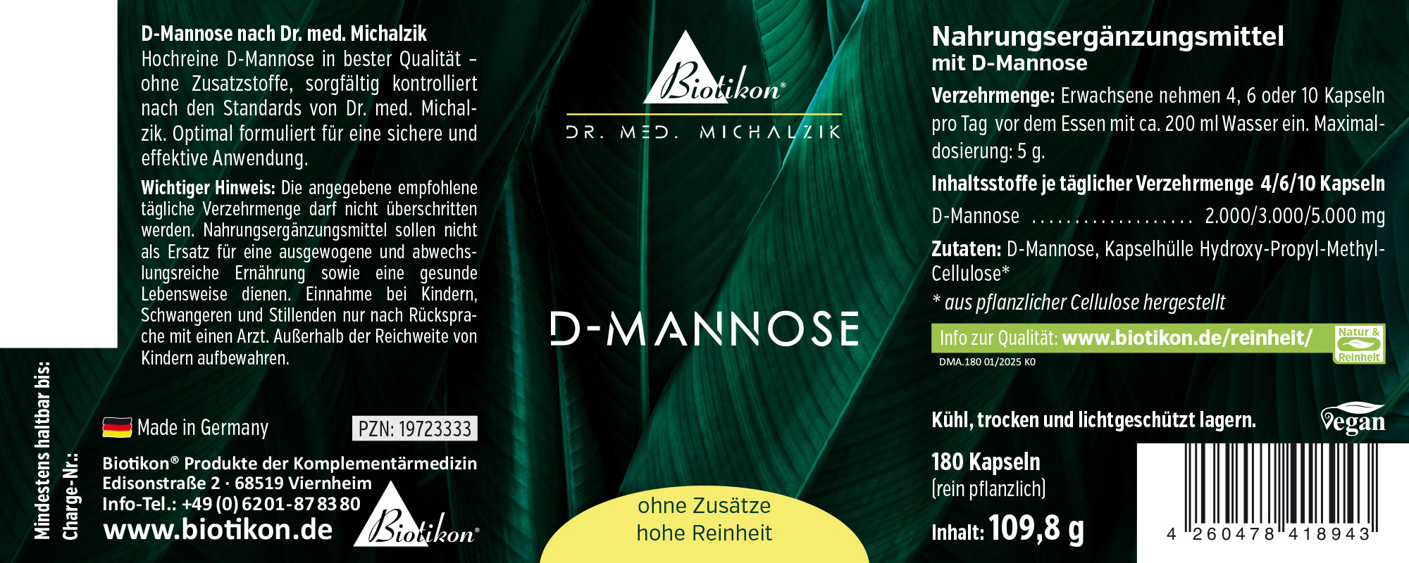 D-Mannosa 5000 mg – 180 cápsulas Suplemento de D-Mannosa en envase verde oscuro, contiene 180 cápsulas, completamente vegetal.