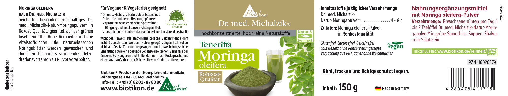 Moringa oleifera en polvo – 150 g Moringa oleifera en polvo en envase PET, crudo, color verde, ideal para smoothies, 150 g.