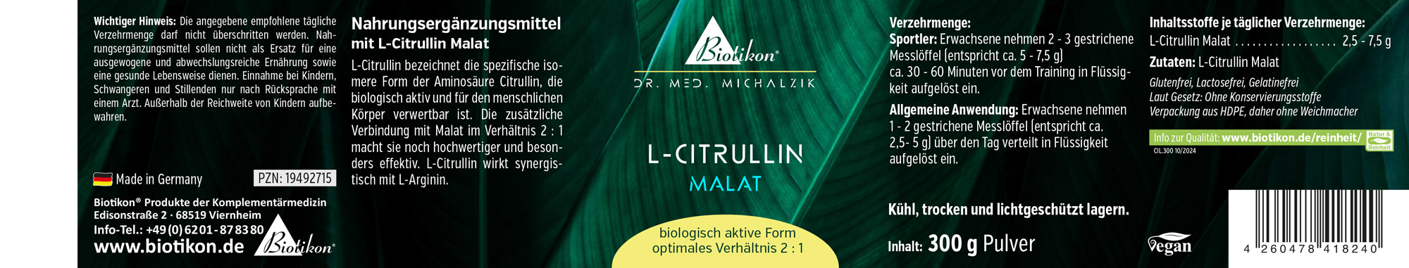 L-Citrulina Malato – 300 g en polvo Suplemento L-Citrulina Malato en polvo de 300 g, envase verde, vista de la etiqueta.