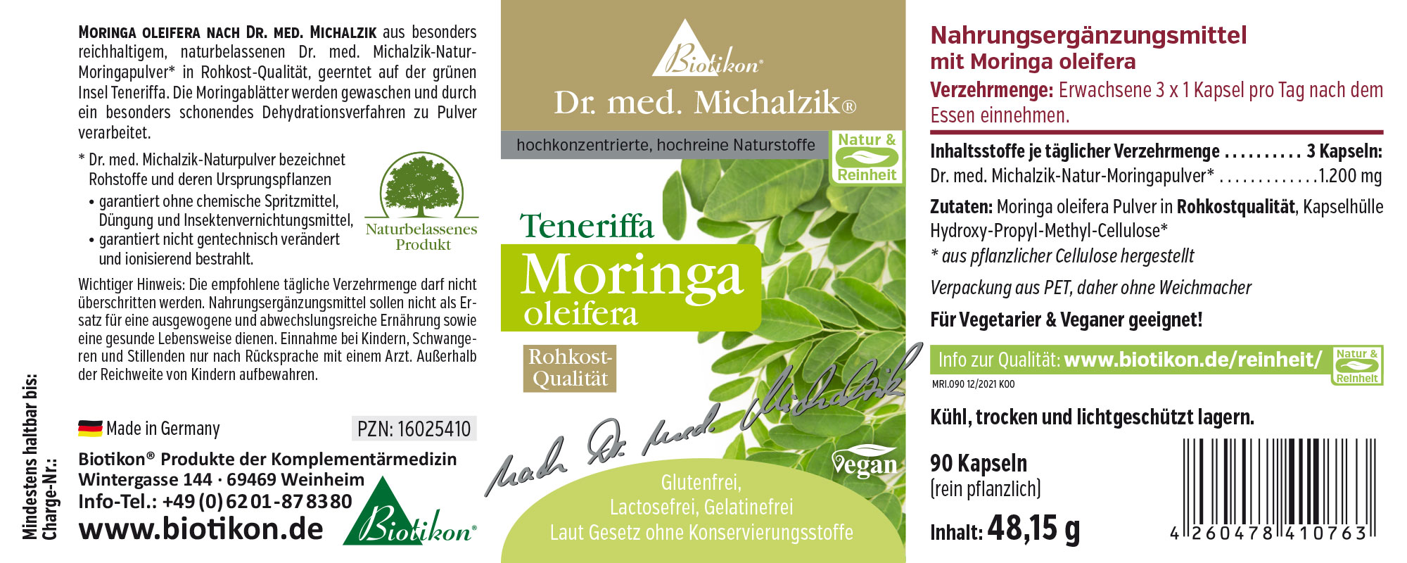 Suplemento de Moringa oleifera, 90 cápsulas en envase PET, color verde, calidad cruda.