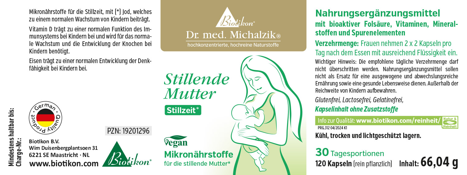 Suplemento para madres lactantes, 120 cápsulas veganas, envase en colores suaves, imagen de madre con hijo en el frente.