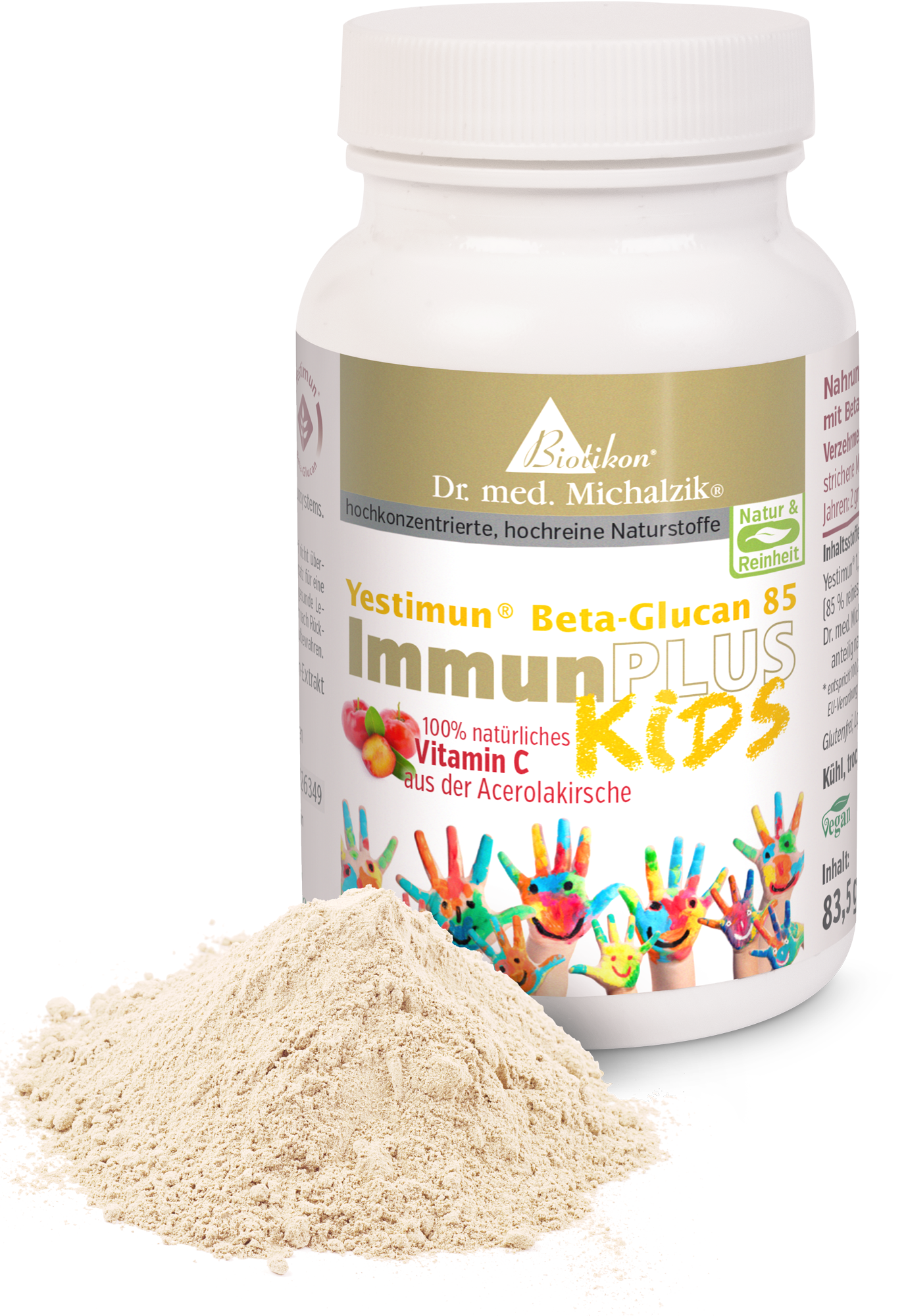 Pó de vitamina C - 83,5 g Pó de vitamina C Yestimun Beta-Glucan 85 em lata branca com decoração de mão colorida, 83,5 g.