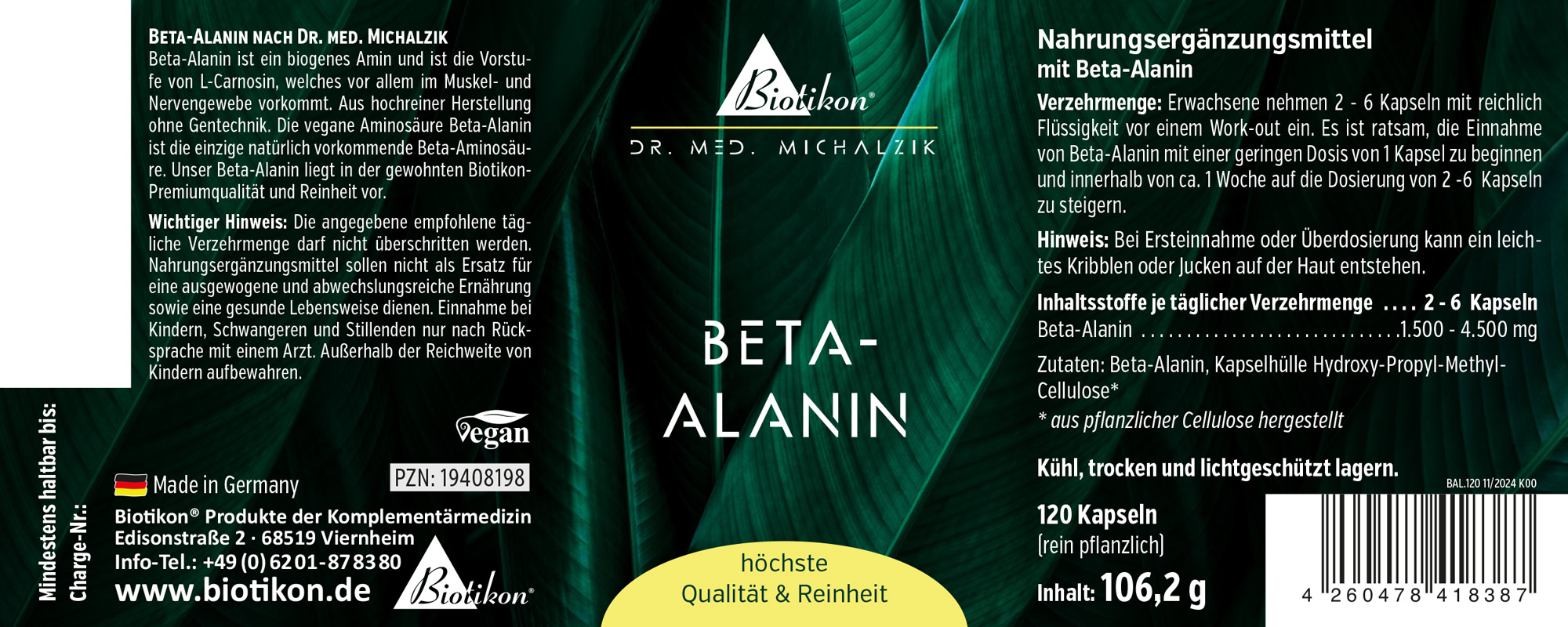 Beta-Alanina 120 Cápsulas – Suplemento Suplemento de Beta-Alanina, 120 cápsulas en un envase oscuro, fórmula vegana, de alta calidad.