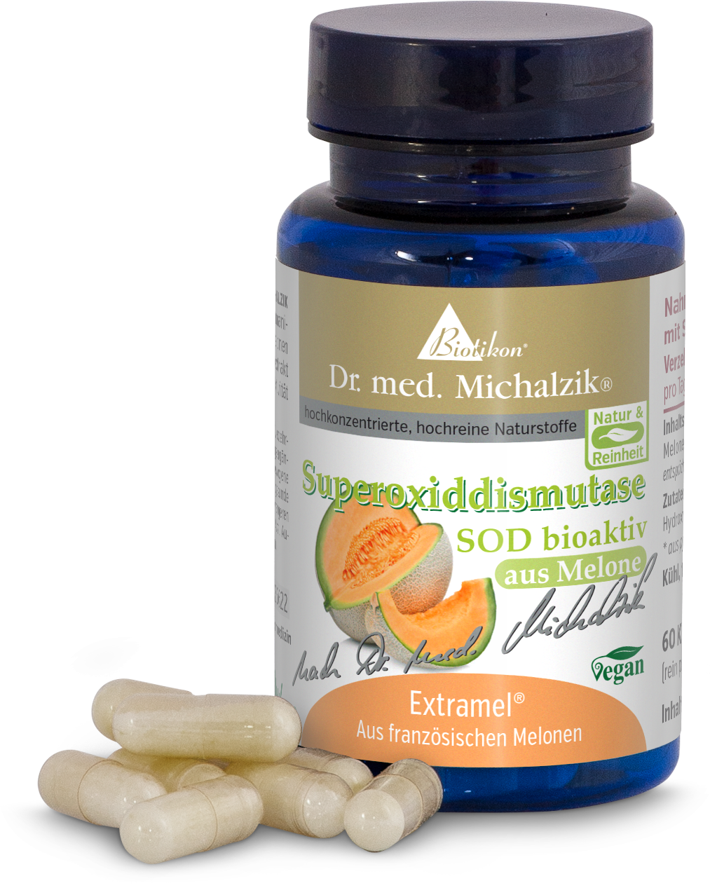 Botella con 60 cápsulas de superóxido dismutasa, cápsulas color beige claro, empaquetado azul, vista frontal, vegano.