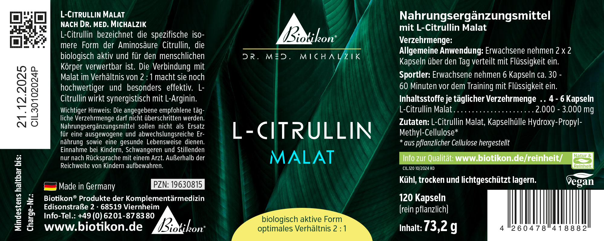 L-Citrulina Malato 120 Cápsulas Suplemento dietético L-Citrulina Malato en cápsulas, 120 unidades, envase verde, vista lateral.