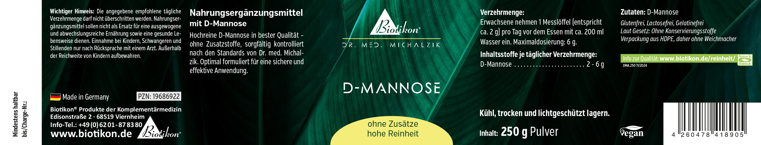 Suplemento de D-Mannosa en polvo de 250 g, envase verde, etiquetado en alemán, vegano.