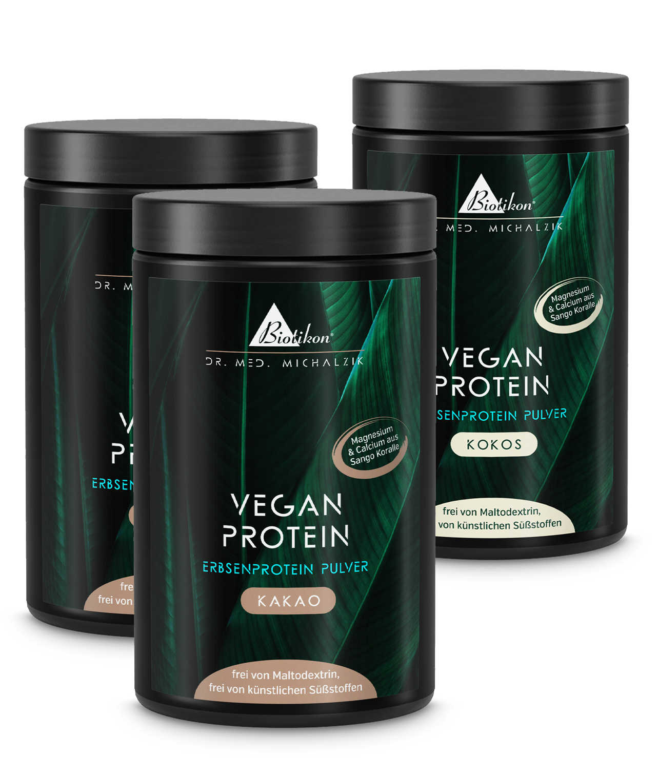 Tres latas de proteína vegetal en polvo en sabores cacao y coco, cada una de 300 g, en envase blanco.