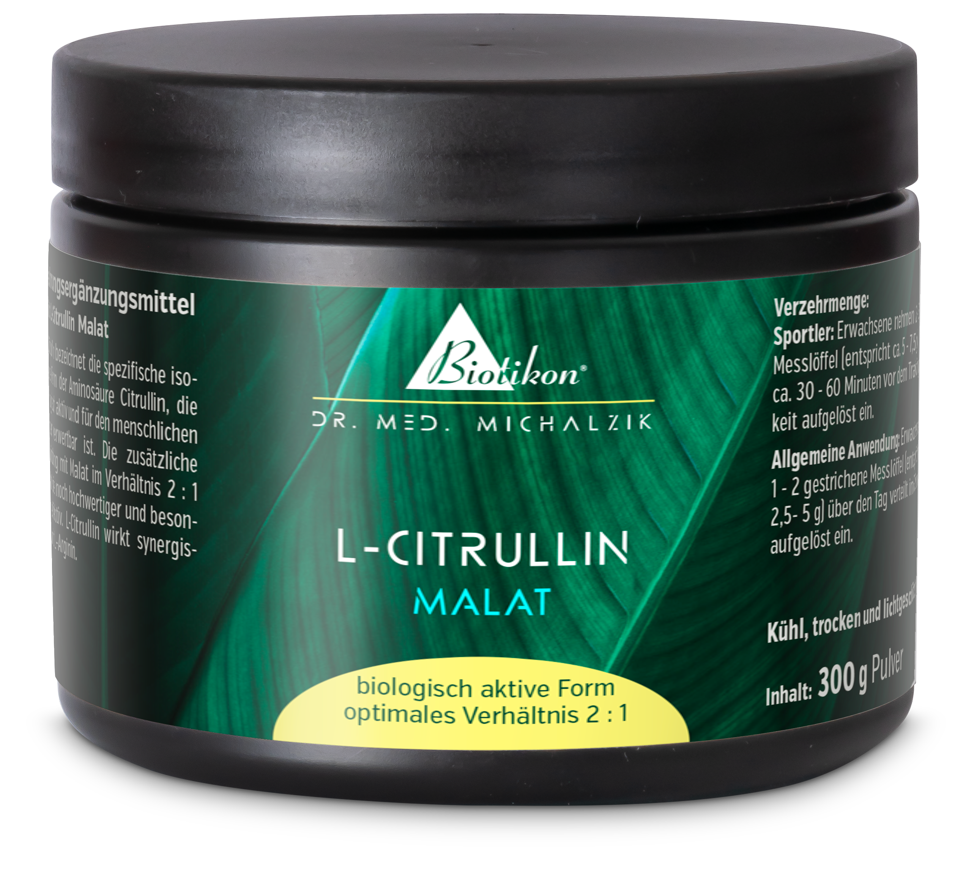 L-Citrulina Malato – 300 g en polvo Envase negro con L-Citrulina Malato, 300 g en polvo, empaquetado verde, vista frontal.