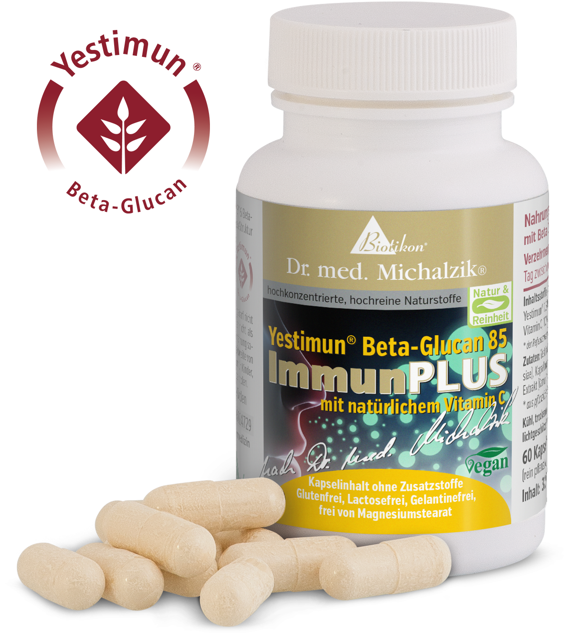 Yestimun Beta-Glucano 85 – 60 Cápsulas Botella con cápsulas Yestimun Beta-Glucano 85, blancas, vista en perspectiva, con 60 cápsulas en primer plano.