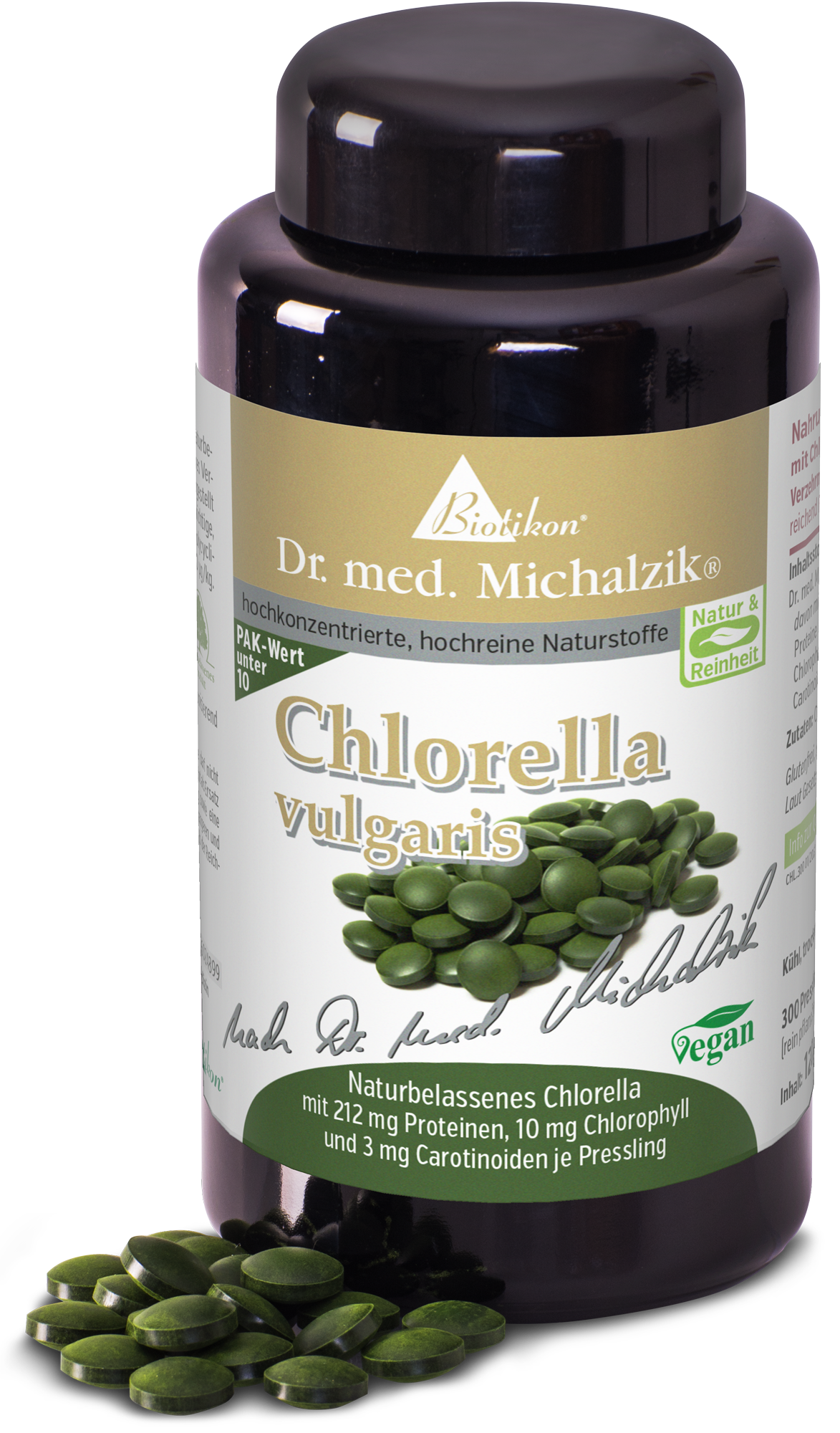 Botella con tabletas de Chlorella vulgaris, 300 unidades, color verde, visible de frente.