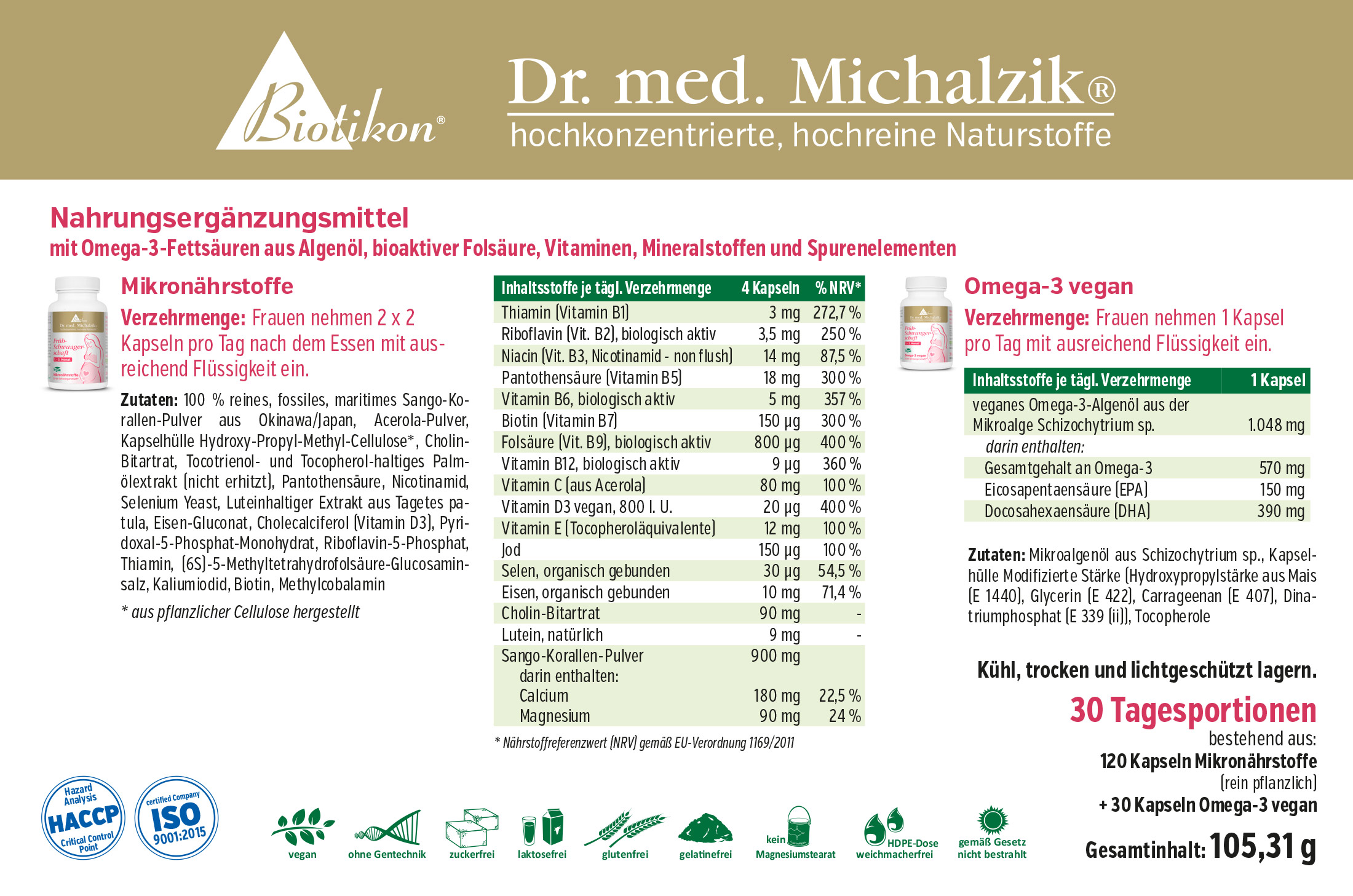 Suplemento dietético en cápsulas, 120 cápsulas, para micronutrientes y Omega-3, envase blanco.