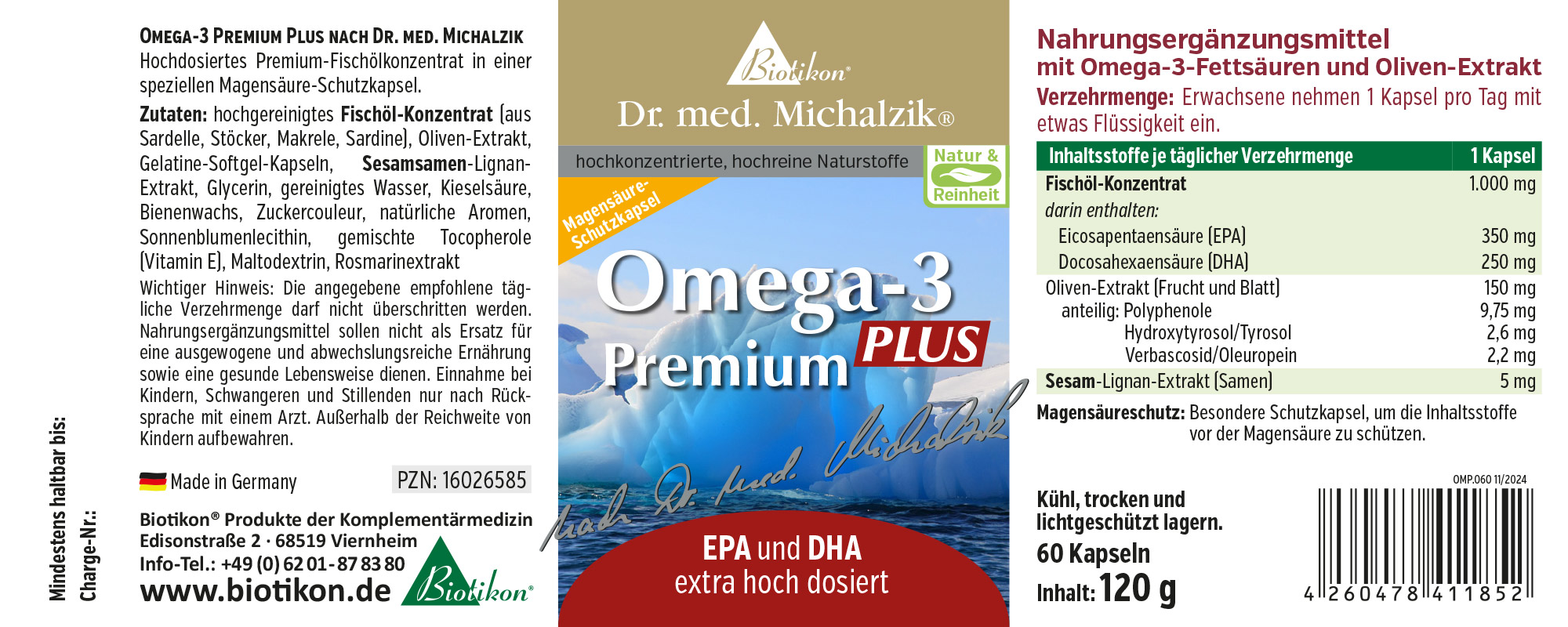 Cápsulas Omega-3 Premium Plus en un paquete de 60, blandas de gelatina, con concentrado de aceite de pescado, cápsulas protegidas.