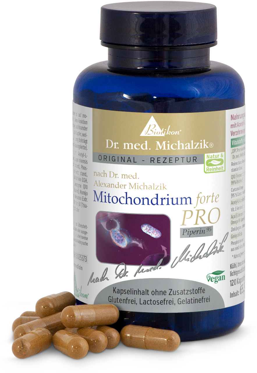 Mitochondrium forte PRO en botella azul, 120 cápsulas, veganas, sin aditivos, cápsulas marrones en primer plano.