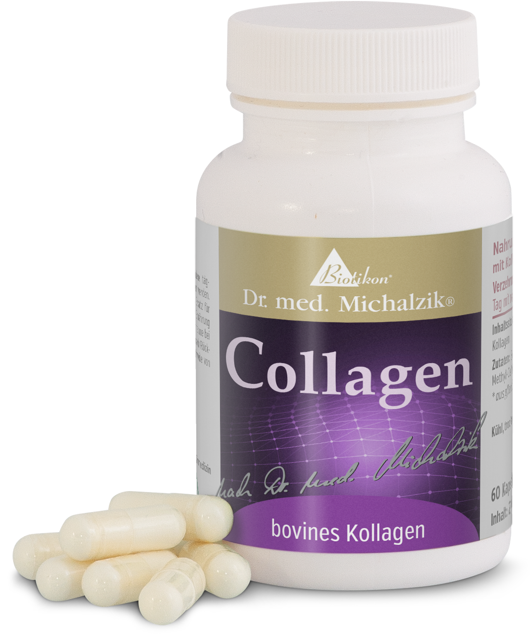 Colágeno Bovina 90 Cápsulas – Suplemento Alimenticio Colágeno bovino en cápsulas blancas, 90 unidades, botella de plástico con etiqueta violeta.